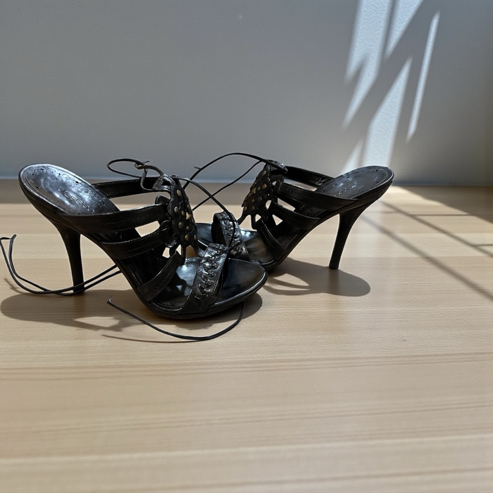 Jessica Bennett Black Leather Studded Lace-Up Heels – Worn Once Like new in box